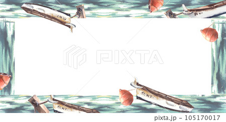 Watercolor frame red buoys and boats at sea Hand painted illustration on white background 105170017