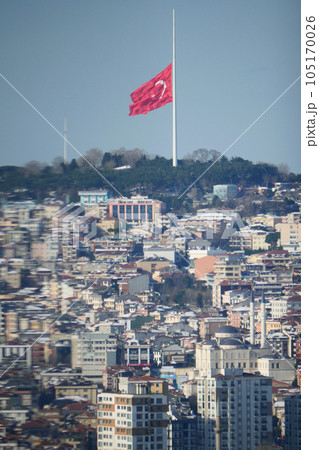 high angle view of Turkish Flag Against Sky. high angle view of Turkish Flag Against Sky. 105170026