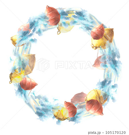 Watercolor marine wreath with red and yellow buoys in the sea Hand drawn illustration on a white background 105170120