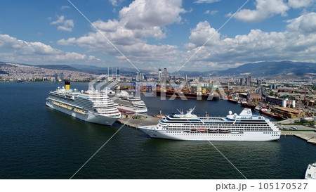 A view of the 3 cruise ships arriving at the port of Izmir a view of the city from the air. 105170527