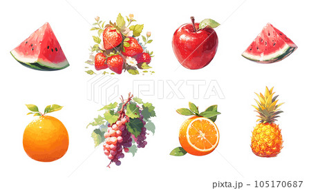 Vector set of detailed fruits. Strawberry, pineapple, apple, orange, grape, watermelon. Sweet fruits. Vector illustration EPS10 105170687