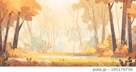 Autumn landscape. Autumn forest background. Brown leaves are falling. Wonderland landscape in fall season. Vector illustration EPS10 Autumn landscape. Autumn forest background. Brown leaves are falling. Wonderland landscape in fall season. Vector illustration EPS10 105170730