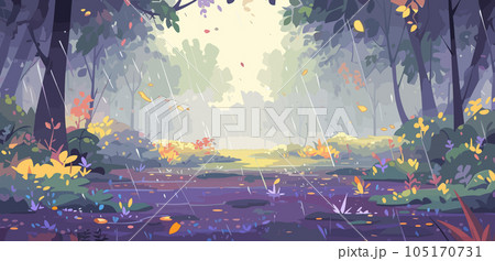 Rain in autumn forest, wild nature background. Landscape with farm fields, forest and river. Rural fall scene. Vector illustration EPS10 105170731