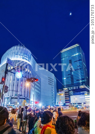 View of modern architecture in evening next  to railroad station of Osaka (saturday evenung) 105170733