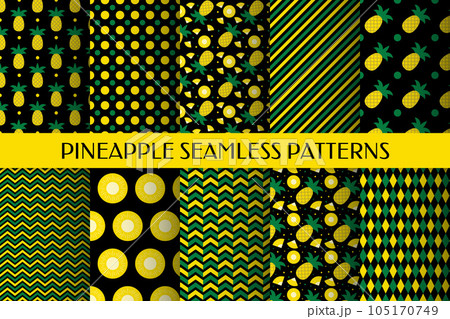 Set of 10 pineapple seamless patterns. Summer tropical fruit vector background bundle. Vector template for textile, fabric, wallpaper, wrapping paper, etc. 105170749