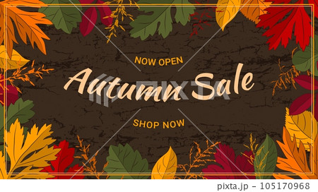 Autumn sale background with leaves, grass on dark brown bark wood texture. 105170968
