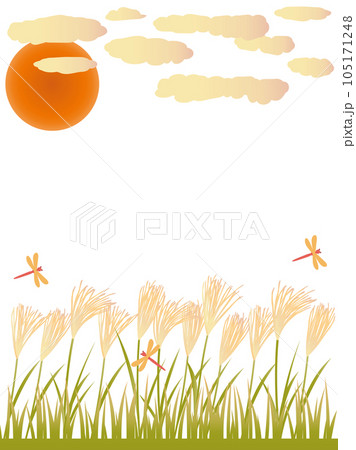 ススキと赤とんぼと夕暮れの秋をイメージしたイラスト　縦書きバージョン 105171248