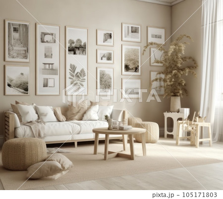 Interior design of aesthetic living room interior with mock up room, modular sofa, wooden stand, vase with branch and personal accessories. Home decor. Template. AI Generative 105171803