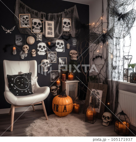 Small corner in living room decorated for Halloween. White armchair, decorative skulls, candles. 105171937