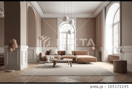 Interior design of aesthetic living room interior with mock up room, modular sofa, wooden stand, vase with branch and personal accessories. Home decor. Template. AI Generative 105172245