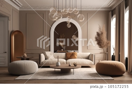 Interior design of aesthetic living room interior with mock up room, modular sofa, wooden stand, vase with branch and personal accessories. Home decor. Template. AI Generative 105172255