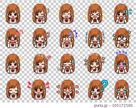 Cute brown hair girl facial expression icon material set Cute brown hair girl facial expression icon material set 105172580