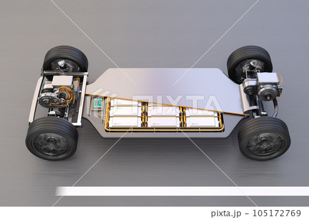 道路に走行している全固体電池パック採用の2モータ4駆電気自動車シャシーのカットイメージ 105172769