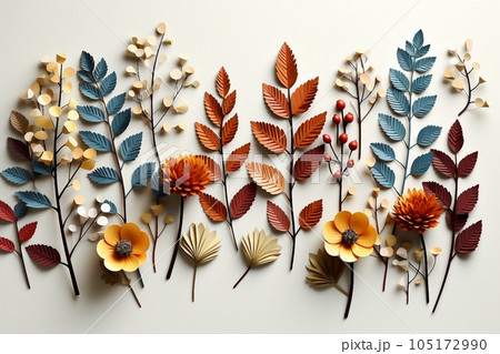Autumn composition. Pattern made of dried leaves, flowers, berries on white background. Autumn, fall, thanksgiving day concept. Flat lay, top view Autumn composition. Pattern made of dried leaves, flowers, berries on white background. Autumn, fall, thanksgiving day concept. Flat lay, top view 105172990