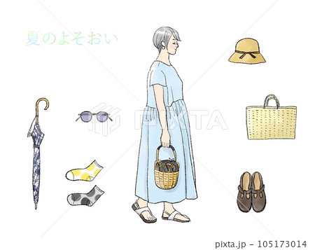 夏の装い ワンピースを着た女性と夏の服飾小物 夏の装い ワンピースを着た女性と夏の服飾小物 105173014