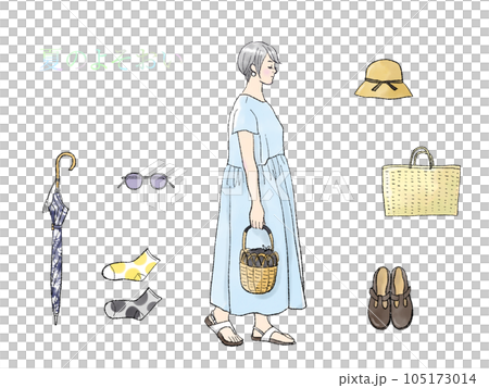 Summer attire A woman wearing a dress and summer accessories 105173014
