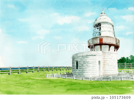 アナログ水彩風景画石川県能登半島禄剛崎灯台のイラスト素材