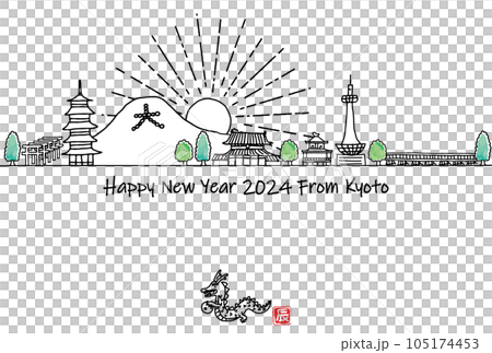 手繪京都旅遊目的地城市景觀2024年新年賀卡模板 105174453