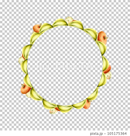 Watercolor autumn round frame with pumpkins.Hand drawn colorful pumpkins 105175364