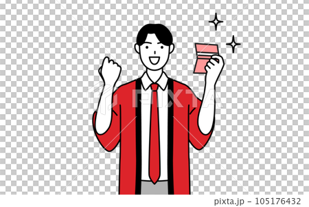 一位穿著紅色哈比外套的男性銷售員很高興看到銀行存摺 105176432