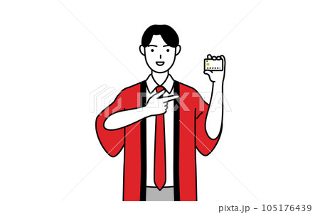 クレジット決済を勧める赤い法被を着た販売員の男性 105176439