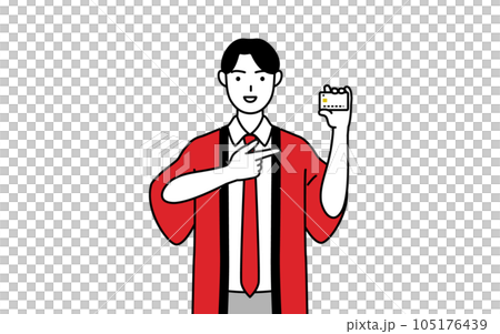 A male salesperson wearing a red happi coat recommending credit card payment 105176439