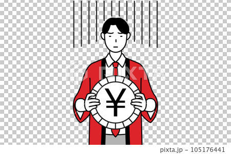 An image of exchange losses and a weak yen, a male salesperson wearing a red happi coat An image of exchange losses and a weak yen, a male salesperson wearing a red happi coat 105176441