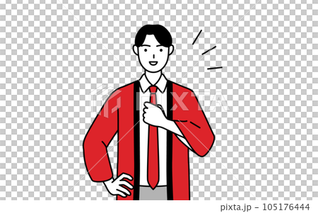 A male salesperson wearing a red happi coat hitting his chest 105176444