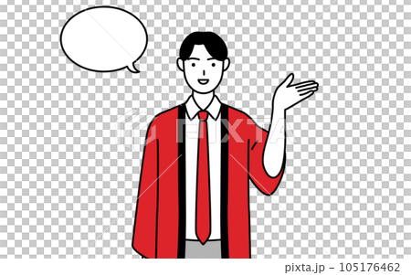 ふきだしつき、案内をする赤い法被を着た販売員の男性 ふきだしつき、案内をする赤い法被を着た販売員の男性 105176462