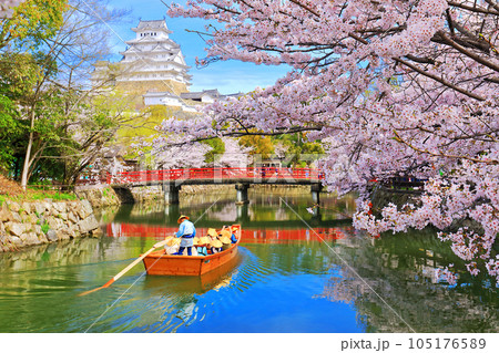 【兵庫県】満開の桜と姫路城の和船 105176589