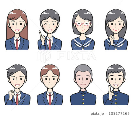 制服を着た中学生・高校生の男女 ポジティブな表情 アイコンセット(カラフル) 制服を着た中学生・高校生の男女 ポジティブな表情 アイコンセット(カラフル) 105177165