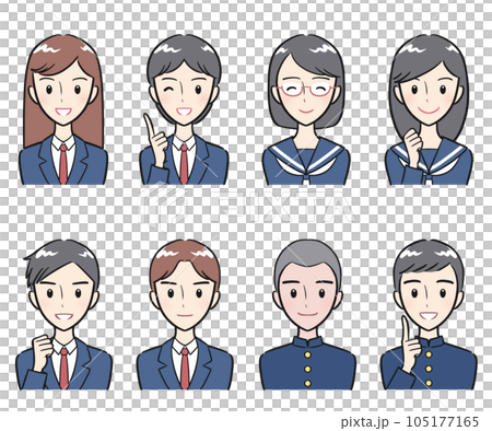 制服を着た中学生・高校生の男女 ポジティブな表情 アイコンセット(カラフル) 制服を着た中学生・高校生の男女 ポジティブな表情 アイコンセット(カラフル) 105177165