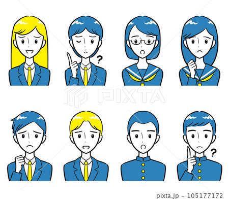 制服を着た中学生・高校生の男女　ネガティブな表情　アイコンセット（シンプル） 105177172