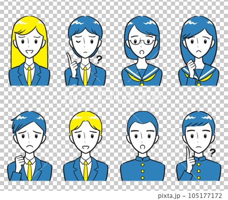 穿著校服的初中生和高中生的男女消極面部表情圖標集（簡單） 105177172