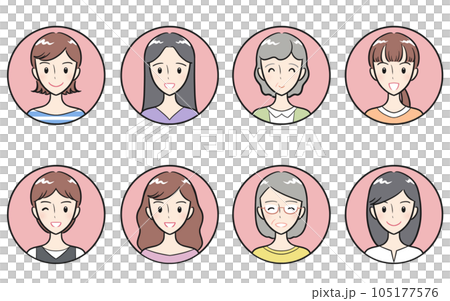 Adult women of various ages, positive gestures and facial expressions, round icon set, pink 105177576