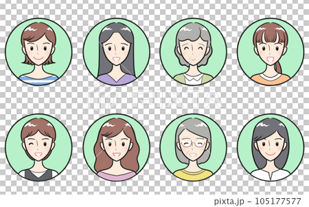 Adult women of various ages Positive gestures and facial expressions Round icon set green 105177577