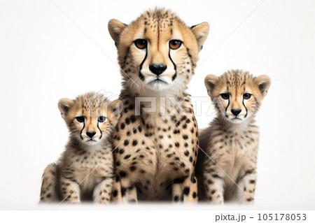 Image of family group of cheetahs on white background. Wildlife Animals. Illustration, Generative AI. 105178053