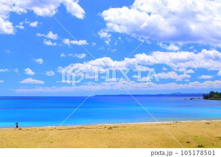 夏の大空と海と砂浜海岸 夏の大空と海と砂浜海岸 105178501