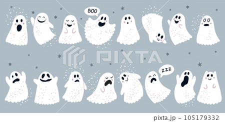 Spooky ghost. Halloween doodle faces with different emotions, fear holiday elements, scary white monster icons. Funny white phantoms childish cute autumn holiday. Vector cartoon illustration Spooky ghost. Halloween doodle faces with different emotions, fear holiday elements, scary white monster icons. Funny white phantoms childish cute autumn holiday. Vector cartoon illustration 105179332