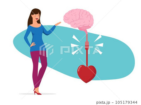 The brain and heart are connected electrically. Logical thinking and emotions The female characters demonstrate the connection between the heart and the brain. vector illustration The brain and heart are connected electrically. Logical thinking and emotions The female characters demonstrate the connection between the heart and the brain. vector illustration 105179344