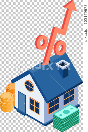 Isometric House with Interest Rate Arrow Rising Up 105179678