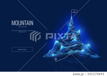 3D mountain. Digital route banner. Business success and progress. Leader technology for career challenge. Climbing path map. Blue polygon rock. Winning target. Vector abstract background 105179845