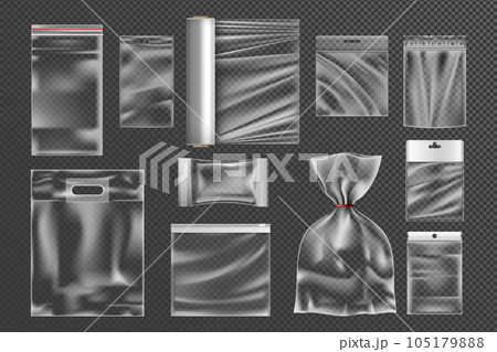 Plastic package bag set. Transparent mockup of cookies, snacks and chocolate candy. Sachet wrap. Cellophane empty packaging, vacuum polythene zipper packet. Vector envelope mock up collection Plastic package bag set. Transparent mockup of cookies, snacks and chocolate candy. Sachet wrap. Cellophane empty packaging, vacuum polythene zipper packet. Vector envelope mock up collection 105179888