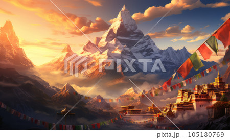 Everest and Tibetan temples. 105180769
