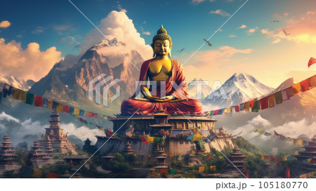 golden buddha in the mountains of tibet 105180770