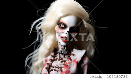 creepy doll at night against the backdrop of a scary house creepy doll at night against the backdrop of a scary house 105180788
