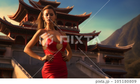 woman in red dress china city 105180809