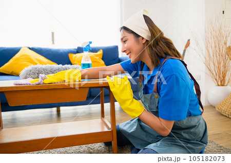 Happy woman cleaning house, Housekeeping and cleaning service, People doing housework at home 105182073