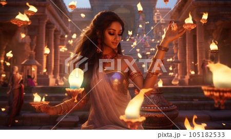 Indian woman in Indian temple in honor of Diwali holiday. 105182533