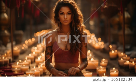Indian woman in Indian temple in honor of Diwali holiday. 105182534